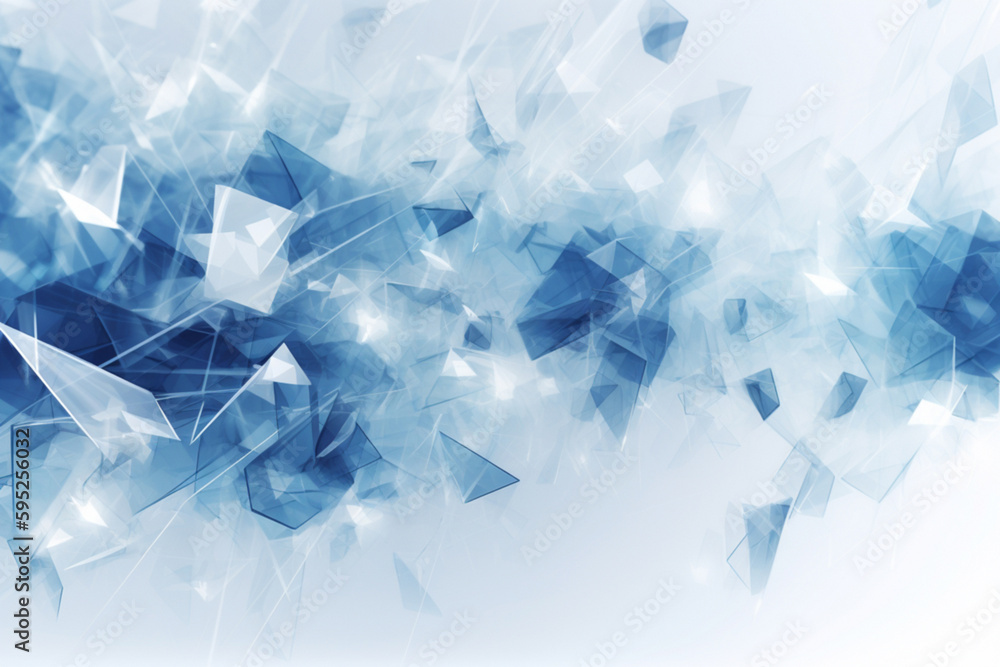 Fototapeta premium Beautiful light blue abstract background. Flying pieces of broken glass or clear plastic. Design element, AI generated, made by AI, artificial intelligence