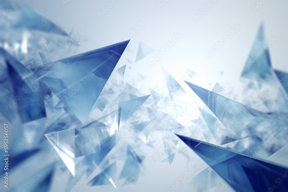 Naklejka premium Beautiful light blue abstract background. Flying pieces of broken glass or clear plastic. Design element, AI generated, made by AI, artificial intelligence