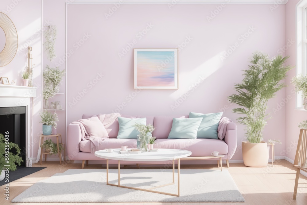 Fototapeta premium Interior mockup with picture frame on a Wall. Living room in pastel colors with sofa and painting on a wall 3D render.