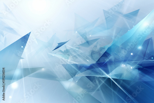 Beautiful light blue abstract background. Flying pieces of broken glass or clear plastic with rays of light. Design element, AI generated, made by AI, artificial intelligence
