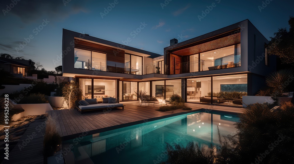 Fototapeta premium AI generated image of a luxury villa with a swimming pool during blue hour. 