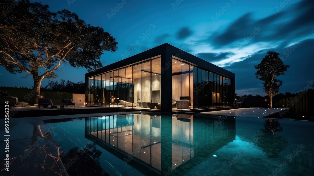 AI generated image of a luxury villa with a swimming pool during blue hour. 