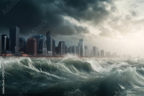 Tsunami is coming after an underwater earthquake in the World Ocean. A huge terrible waves capable of destroying a city on the coast. Disaster. AI generated, made by AI, artificial intelligence © Khorzhevska