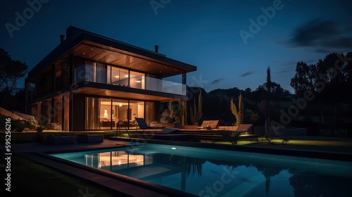 AI generated image of a luxury villa with a swimming pool during blue hour. 