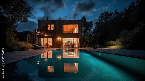 AI generated image of a luxury villa with a swimming pool during blue hour. 