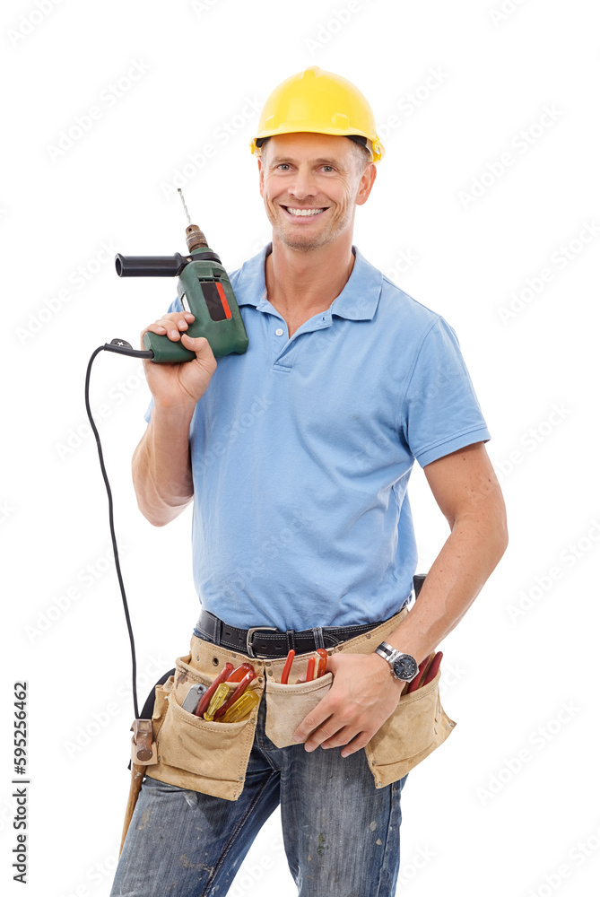 Man with smile in portrait, handyman with drill and maintenance worker isolated on transparent, png background. Manual labour, DIY skills with male person doing home renovation and tools with helmet Man with smile in portrait, handyman with drill and maintenance worker isolated on transparent, png background. Manual labour, DIY skills with male person doing home renovation and tools with helmet