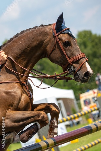 Professional horse jumping over a hurdle at an equestrian competition