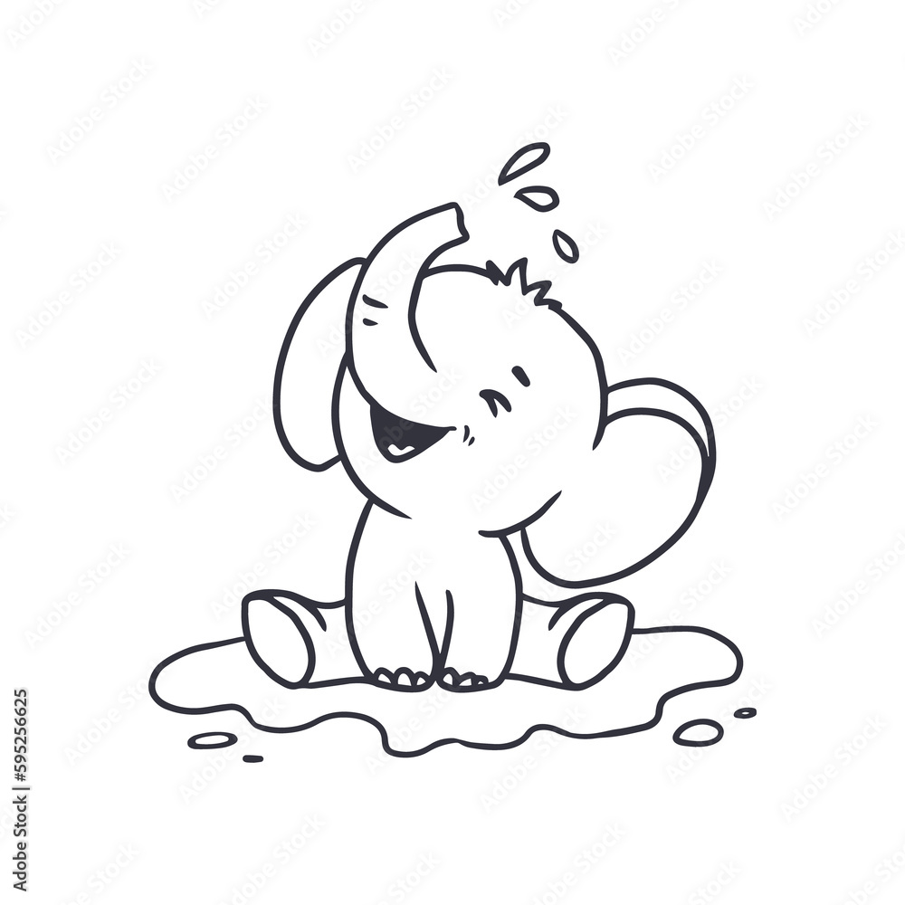 Obraz premium Cute baby elephant poured water from his trunk. Coloring book.Doodle style.