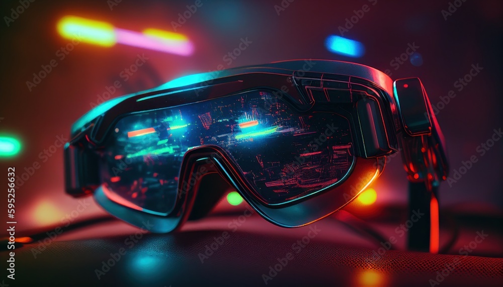 Close-up virtual reality glasses in cyberpunk style by Generative AI