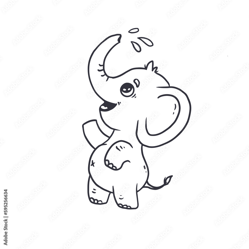 Cute baby elephant poured water from his trunk. Coloring book.Doodle style.