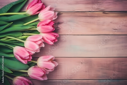 Tulip border with copy space. Beautiful frame composition of spring flowers. generative ai.Bouquet of pink tulips flowers on pink vintage wooden background
