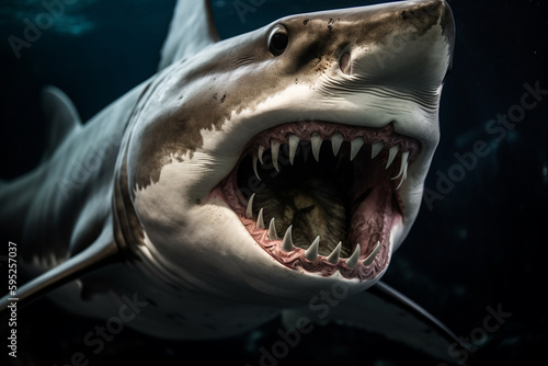 a close - up of the mouth of a great white shark . Generative Ai