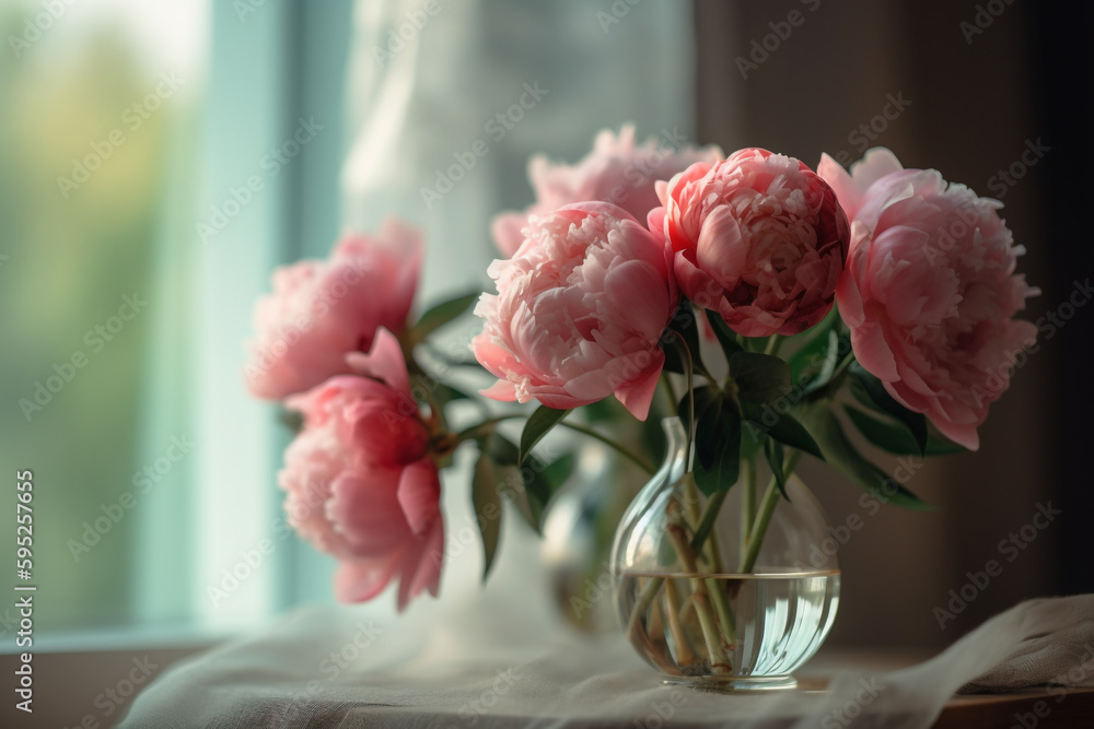 Obraz premium pink peonies in a vase on a window sill. Generative Ai