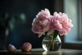 pink peonies in a glass vase on a table. Generative Ai