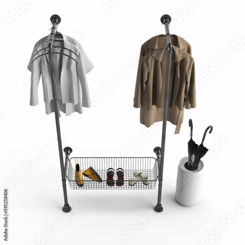 3d rendering of clothing racks with shirts and coats