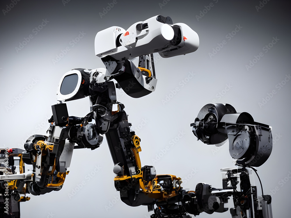 Modern High Tech Industrial Robotic arm on the factory production line production line is being welded. Generative AI. Modern High Tech Industrial Robotic arm on the factory production line production line is being welded. Generative AI.
