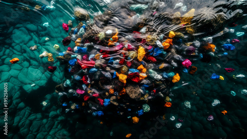 Plastic bags and plastic particles floating in the sea.