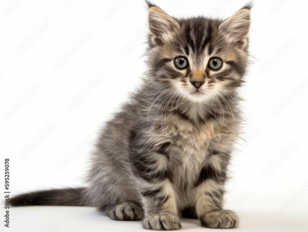 Kitten is sitting in front of a white background. Generative AI