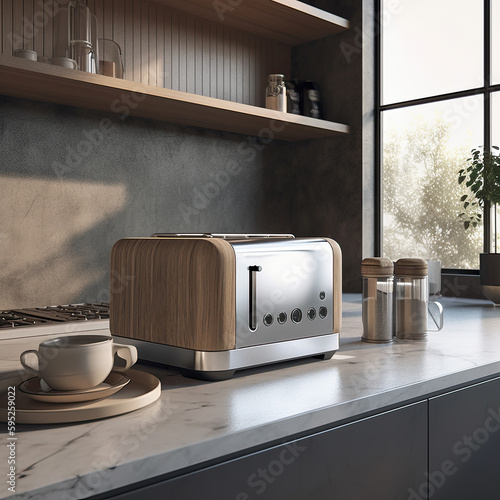 Wooden toaster sits on a counter in a kitchen. Generative AI