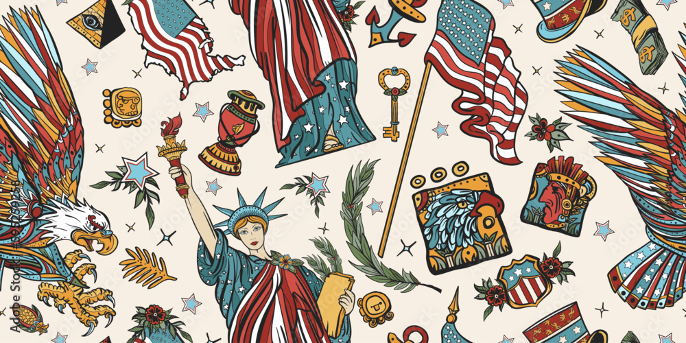 USA seamless pattern. American history and culture background. Old school tattoo style. Patriotic eagle, statue of liberty and flag. United States of America concept