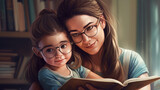 Mother and daughter reading a book. Generative AI