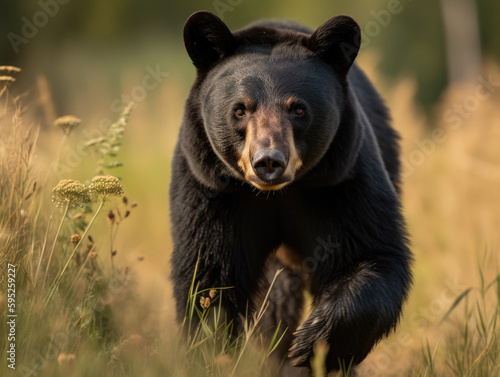 Black bear walking through tall grass. Generative AI © Tamazina