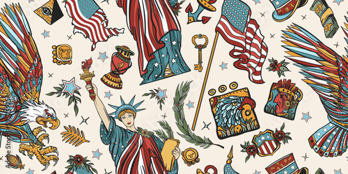 USA seamless pattern. American history and culture background. Old school tattoo style. Patriotic eagle, statue of liberty and flag. United States of America concept