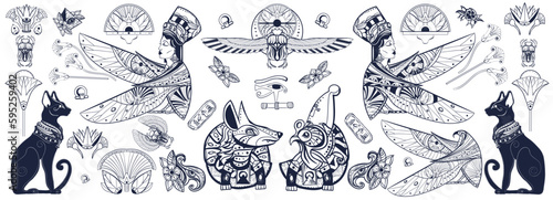 Ancient Egypt collection. Old school tattoo. Egyptian elements. God Ra, Anubis, scarab, black cats, eye Horus