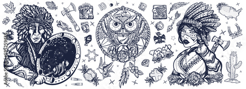 Native American Indian. Old school tattoo collection. Ethnic warrior girl, shamanic female, dream catcher, owl and old cherokee shaman. Tribal culture and history