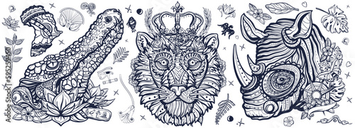 Old school tattoo collection.  Zoo art. Safari in Africa. Traditional tattooing style. African wild animals portrait. Royal lion, evil crocodile and romantic rhino