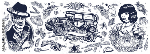 Old school tattoo collection. Gangsters. Noir criminal movie art. Traditional tattooing style. Crime boss plays saxophone, retro car, robbers, bandits weapons, croupier pin up girl, casino