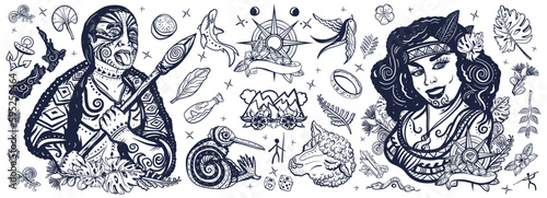 New Zealand. Ethnic Polynesian woman in traditional costume. Old school tattoo collection. Aboriginal tribes, Maori warrior grimace. Kiwi bird, sheep, mountains, map. Tradition and people
