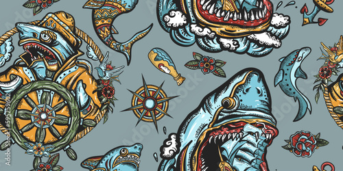 Sharks seamless pattern. Sea wolf, captain in the sea, sailor at helm. Old school tattoo style. Anchor, underwater life