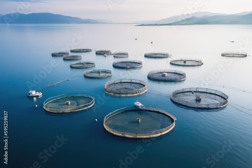 Fotografia Sea fish farm nets. Cages for fish farming sea, ai generative