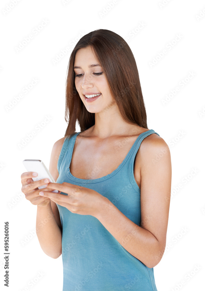 Phone, texting and happy woman isolated on transparent, png background for social media, networking or internet post. Young person with smartphone for online chat, streaming on mobile app or Web 3.0 Phone, texting and happy woman isolated on transparent, png background for social media, networking or internet post. Young person with smartphone for online chat, streaming on mobile app or Web 3.0