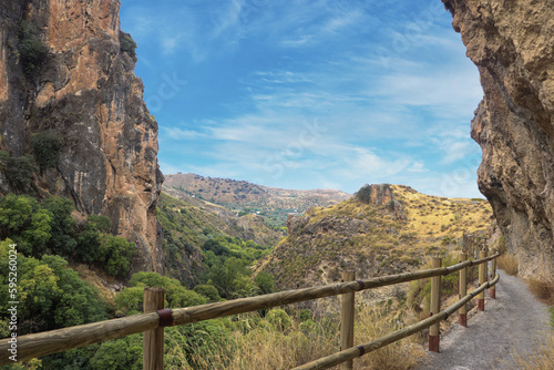 A Bridge on the Edge of a Cliff with Nature Sight in Los Cahorros, Granada, Spain