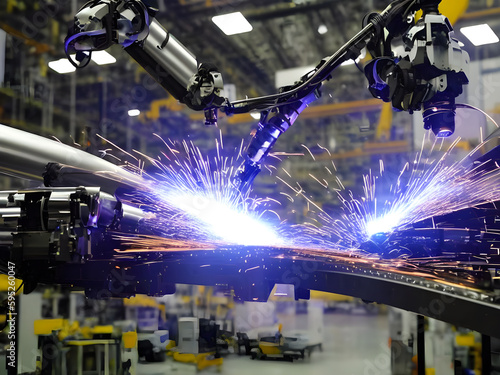 Modern High Tech Industrial Robotic arm on the factory production line production line is being welded. Generative AI.