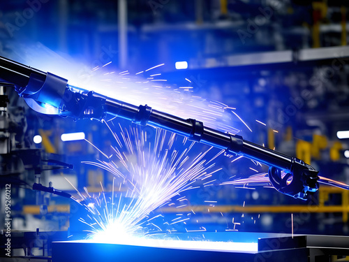 Modern High Tech  Industrial Robotic  arm on the factory production line production line is being welded. Generative AI.
