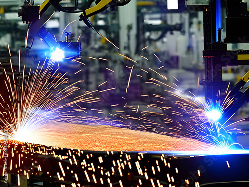 Modern High Tech  Industrial Robotic  arm on the factory production line production line is being welded. Generative AI.