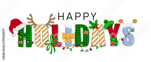 Happy holidays. Hand drawn doodle text with Santa hat, antler and garlands. Merry christmas and happy new year. Design for poster, banner, t shirt, card, flyer. Vector illustration