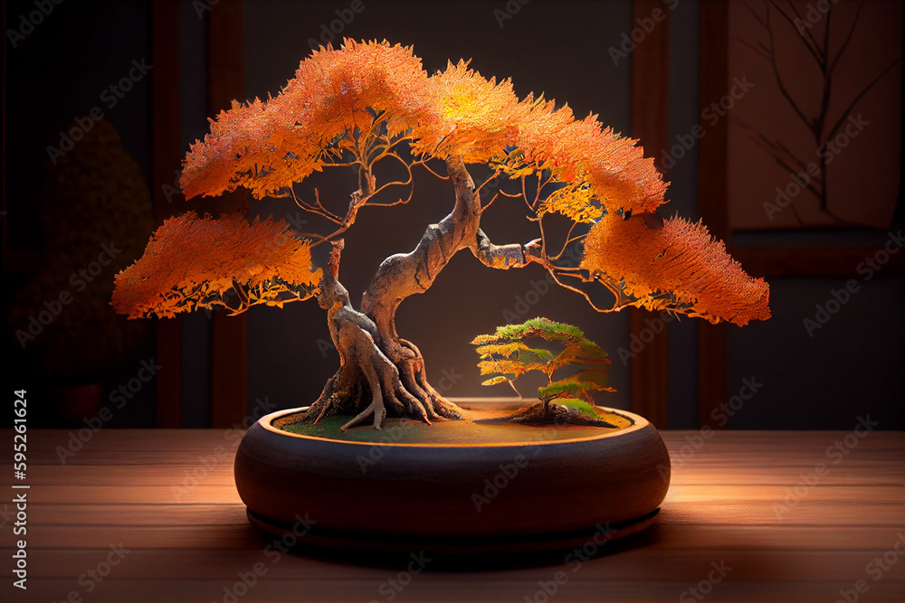 Japanese red bonsai tree art display on the black wooden table with