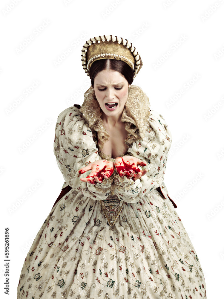 Queen, scream and blood on her hands in shocked or terrified isolated on a transparent png background. Female ruler with crown of monarch or noble majesty screaming in death, shock or bloody murder