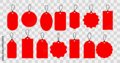 Collection of hanging price tags and labels, blank discount coupon and special offer for advertising, vector illustration.
