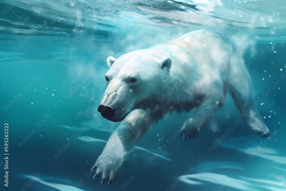 Obraz premium Polar bear swimming underwater, turquoise ocean, freeze water, refreshing, wildlife, blue, ice, ocean, white polar bear, polar bear desktop wallpaper, landing page, AI image