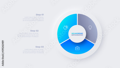 Cycle neumorphic diagram divided into 3 sectors. Infographic design template