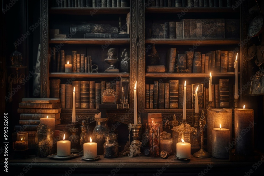 Antique bookcase filled with mystical tomes, candles, and luminous enchantment. Generative AI