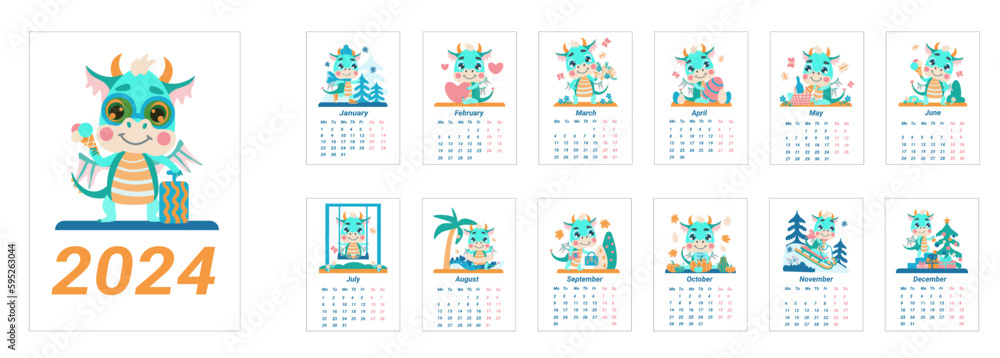 Fototapeta premium Children's calendar for 2024 with a cute green dragon - the symbol of the year. Monthly calendar with vector illustrations of a cute little dragon in a flat cartoon style. Vertical pages.
