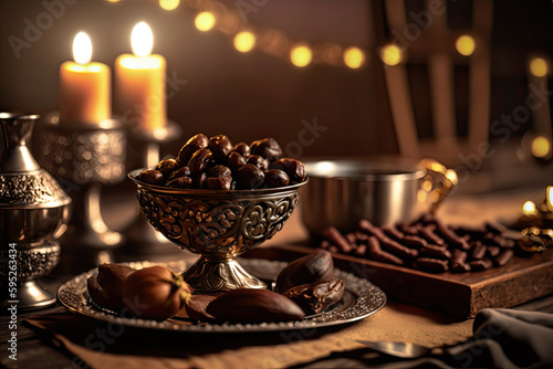 Close up variety of table with arabic food during iftar meal on ramadan AI generated