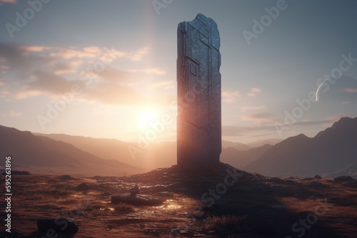 GENERATIVE AI captures the mystery of the alien monolith - Detailed image of a monolith standing on a barren planet during sunrise photo