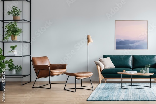 Interior mockup with picture frame on a Wall. Living room in pastel colors with sofa and painting on a wall 3D render. © Viktor